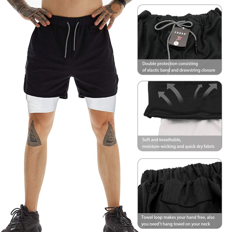 OEBLD Mens Athletic Shorts 2-in-1 Gym Workout Running 7'' Shorts with Towel Loop Black - Image 4